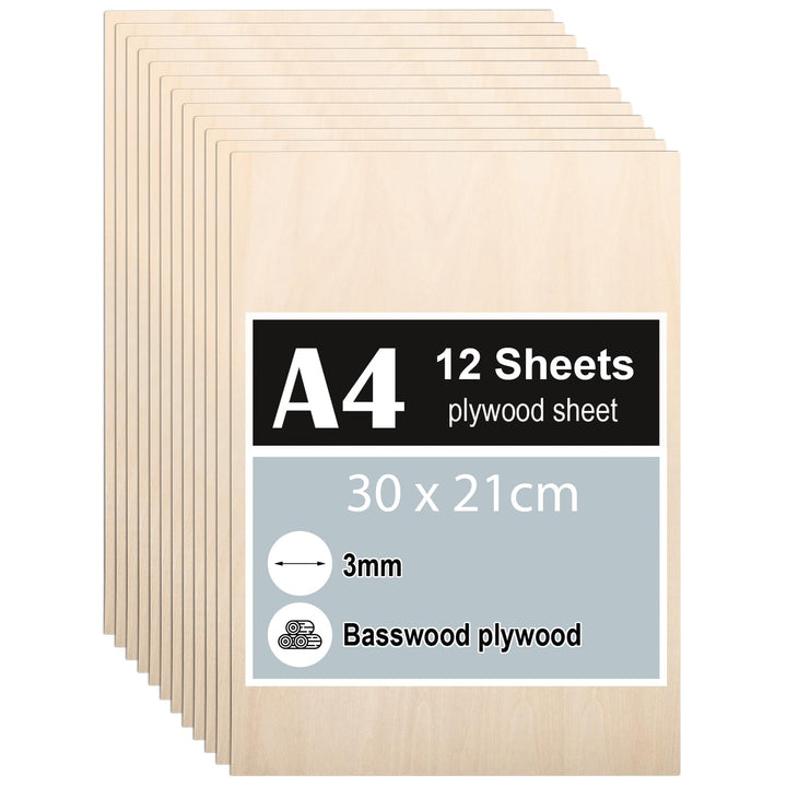 12 Stück Sperrholzplatte 3mm, A4 Sperrholz 30 x 21 cm, Linde Sperrholz, Dünne Holz-Zuschnitte, Holzp