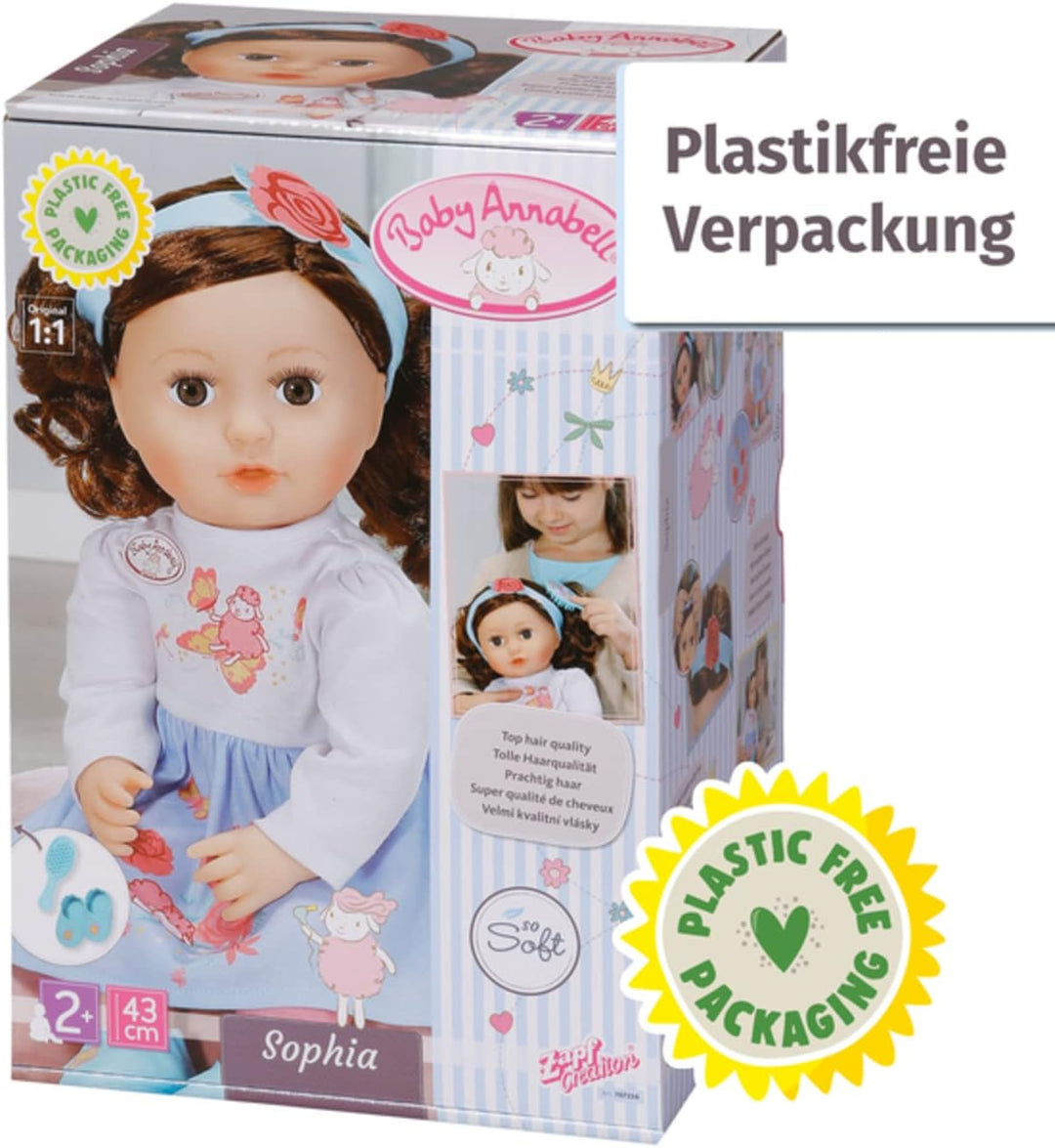 Zapf Creation 707234 Baby Annabell Sophia, brünett 43cm -weiche Stoffpuppe mit langen braunen Haaren