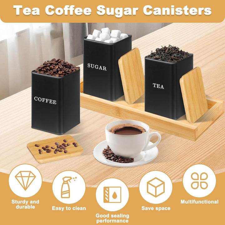 Kaffee Tee Zucker Set, 1000ml 3 Tee Kaffee Zucker Dosen, Dosenbehälter mit versiegeltem Bambusdeckel