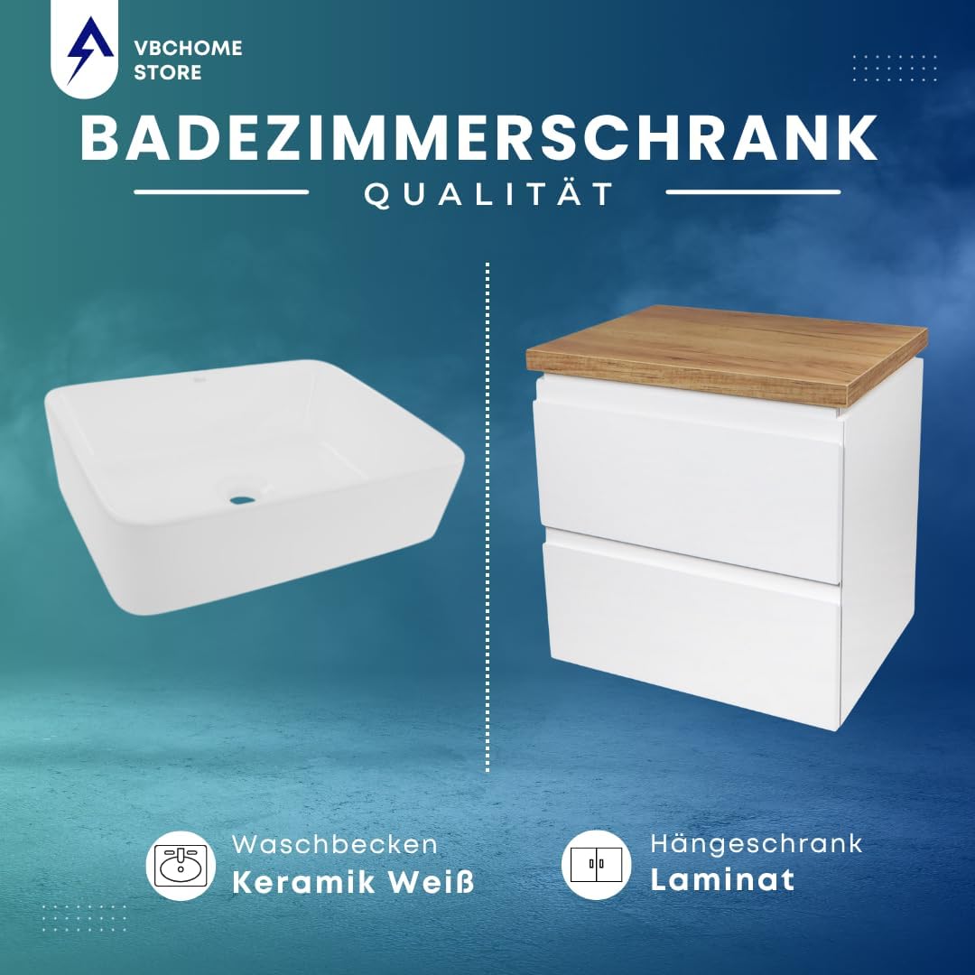 VBChome Badmöbel 50x40 cm Weiss Aufsatzwaschbecken ohne Hahnloch 48x37 cm Aufsatzwaschtisch Waschbec