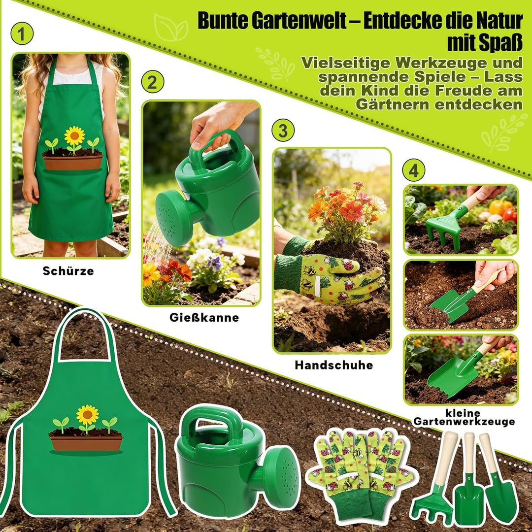 10 Stück Kinder Gartenwerkzeug Set, Metall Gartenwerkzeug Set mit Schaufel, Rechen, Gabel, Arbeitsha