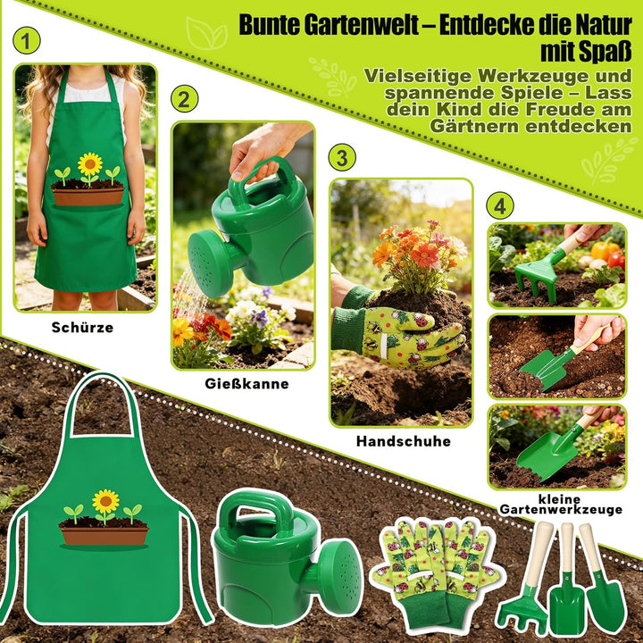 10 Stück Kinder Gartenwerkzeug Set, Metall Gartenwerkzeug Set mit Schaufel, Rechen, Gabel, Arbeitsha