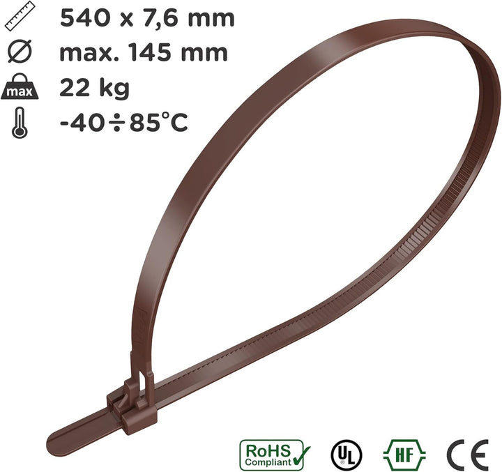 intervisio Kabelbinder Wiederverschliessbar, 540mm x 7,6mm, braun, Extra Lang, 100 Stück, Wiederlösb