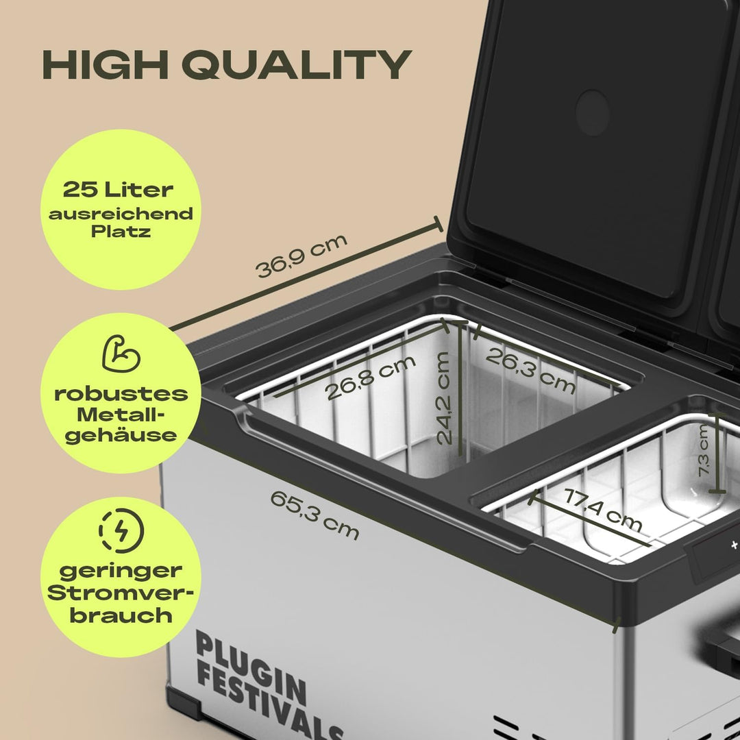 PLUG IN FESTIVALS elektrische Kühlbox - 2 Fächer Kompressor Kühlbox 12v 230v - bis -20 Grad & App-St