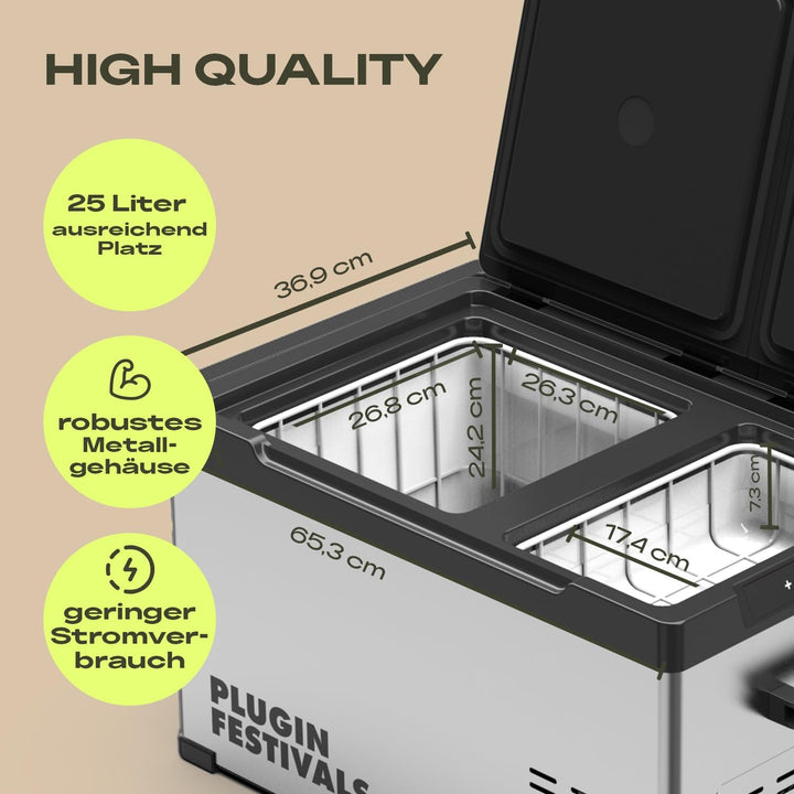 PLUG IN FESTIVALS elektrische Kühlbox - 2 Fächer Kompressor Kühlbox 12v 230v - bis -20 Grad & App-St