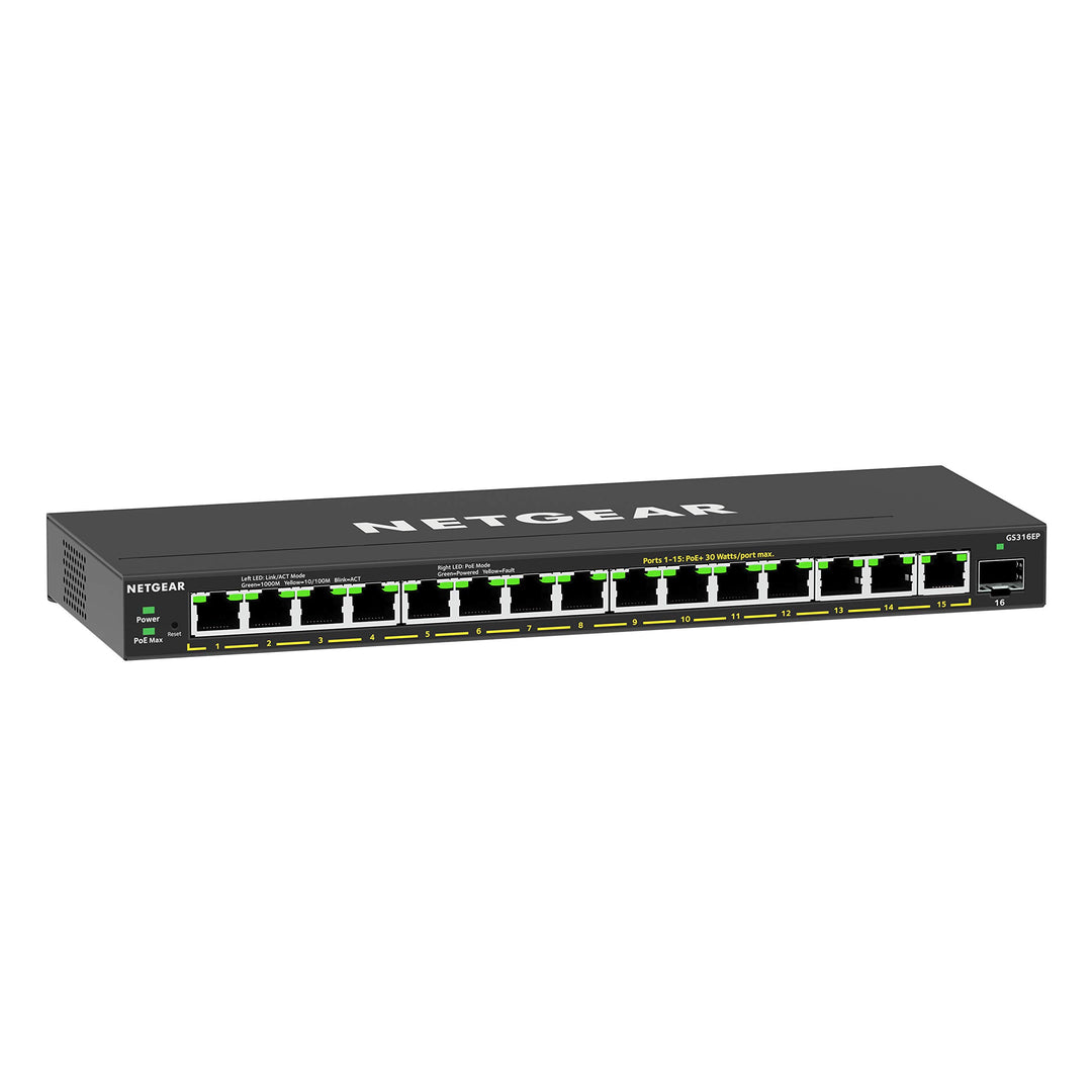 NETGEAR GS316EP Switch 16 Port Gigabit Ethernet LAN PoE Switch Plus (mit 15x PoE+ 180W &amp; 1x SFP, Man