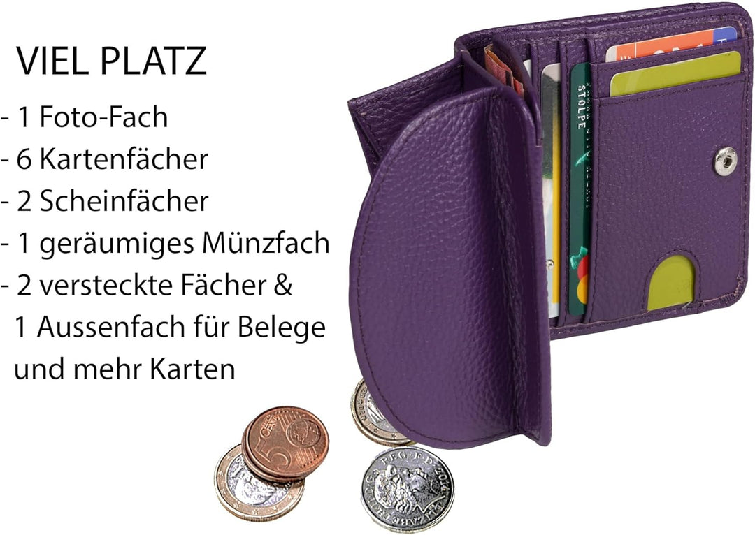 Geldbörse Damen klein viele Fächer, Reise Portemonnaie, Leder lila, RFID Blocker, Münzfach | Wiener