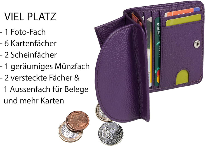 Geldbörse Damen klein viele Fächer, Reise Portemonnaie, Leder lila, RFID Blocker, Münzfach | Wiener