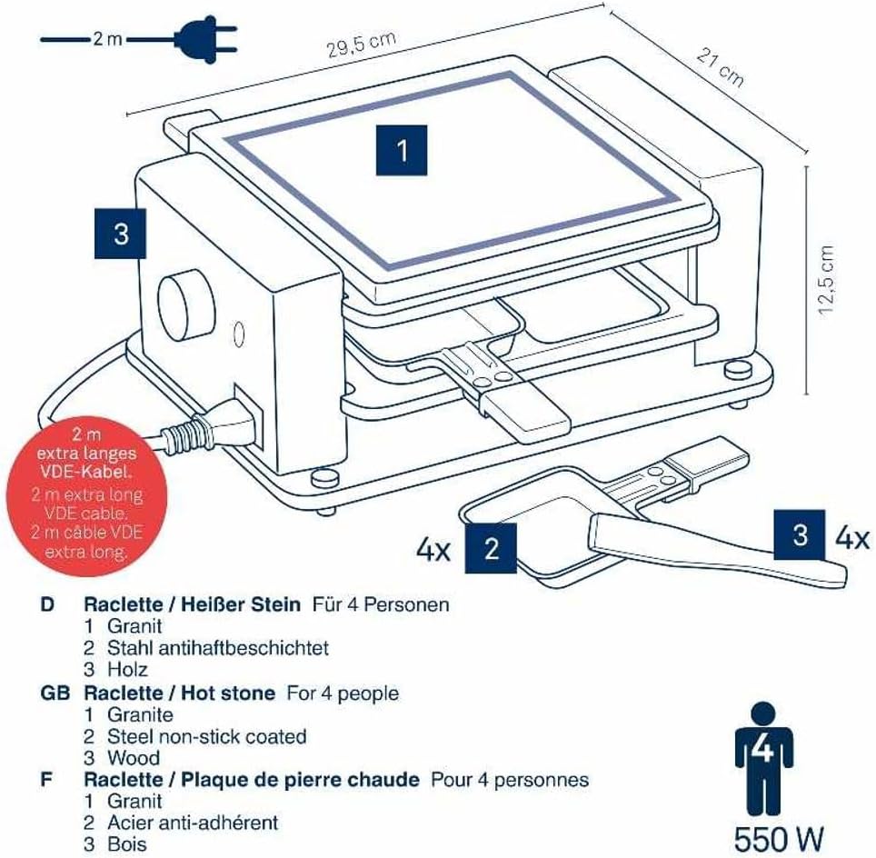 Kela Raclette/Stein BEDRETTO – Granit schwarz, 4 Personen, Raclette-Grill mit Steinplatte und Pfännc