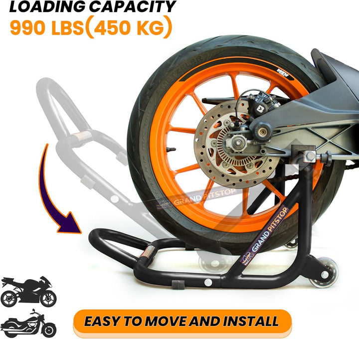 Grand Pitstop Universal Rear Paddock Stand for Bike Attached Skate Wheels with Swingarm Rest (Disman