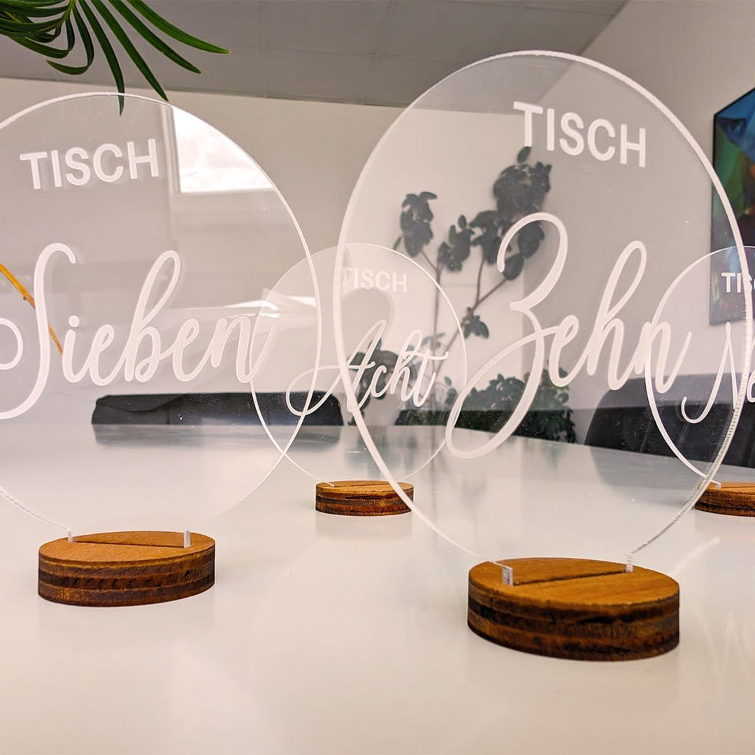 Tischnummern Hochzeit Set für 1-20 Tische, Acryl Transparent mit präsizer Milchig-Weisser Lasergravu