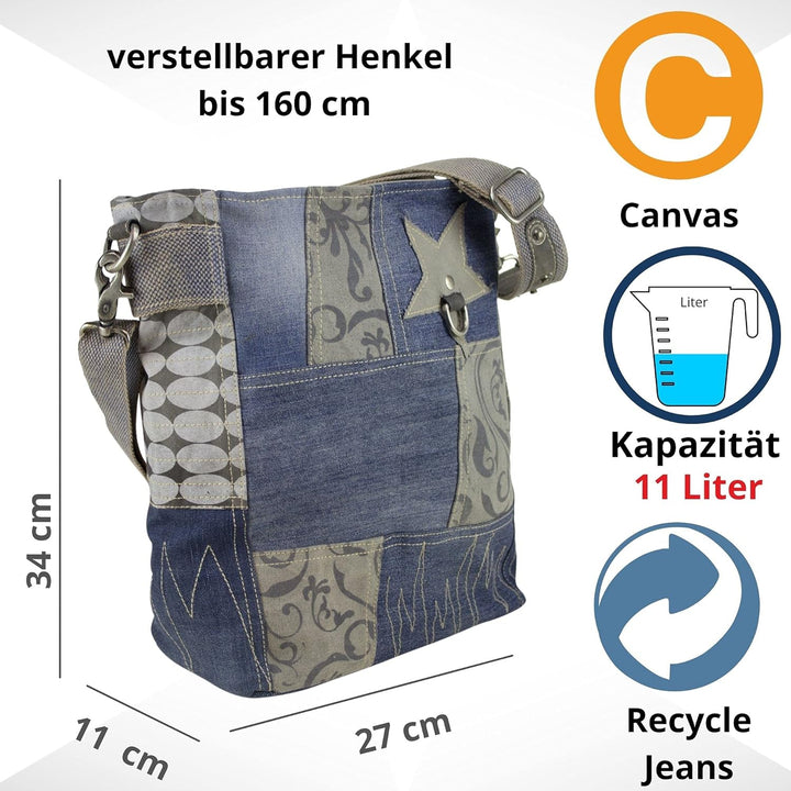 Sunsa Damen Blaue Umhängetasche. Grosse Canvas Schultertasche. Crossbody Bag aus recycelte Jeans. Na