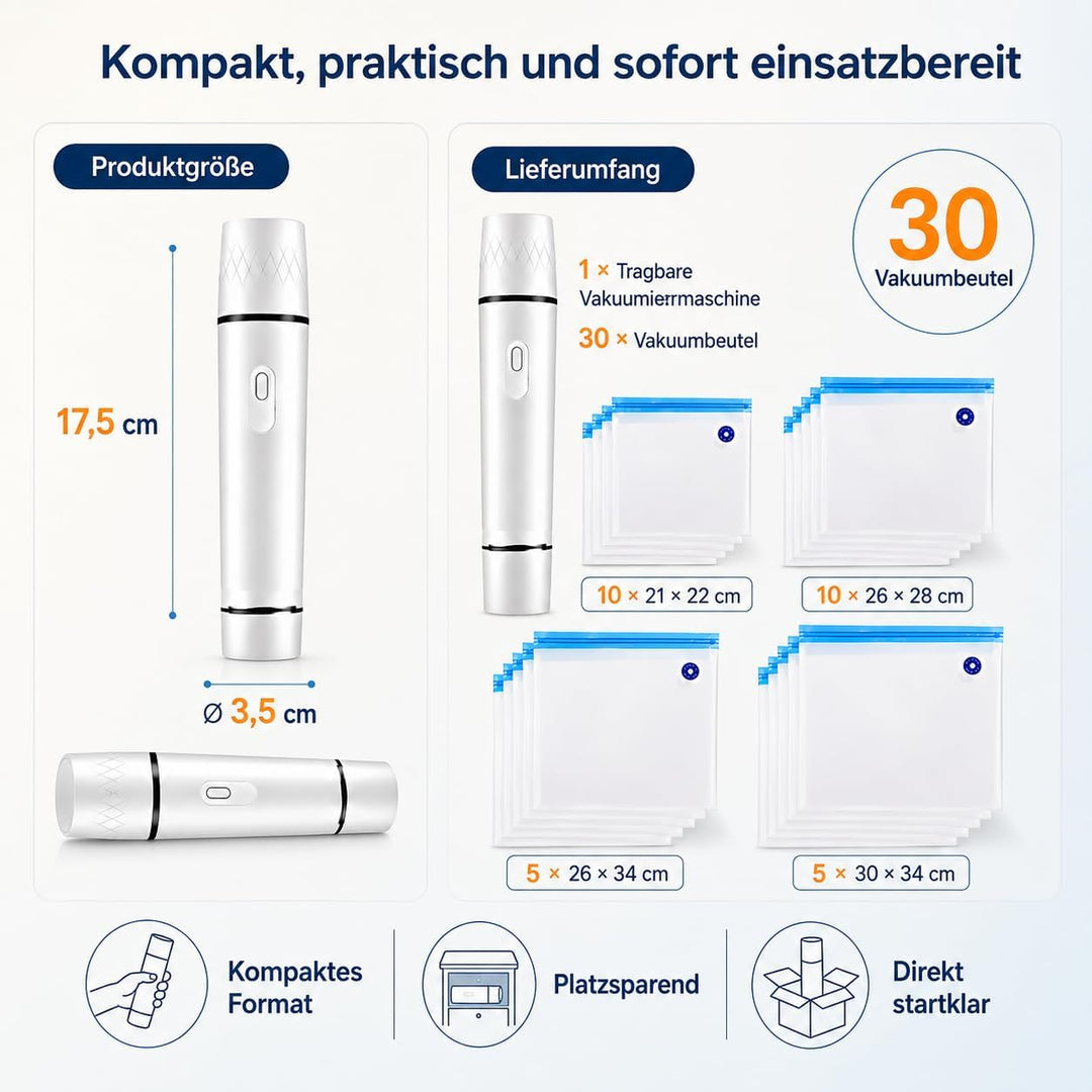 Handvakuumierer mit 30 Wiederverwendbare Vakuumbeutel | Tragbares Vakuumiergerät für Lebensmittelkon
