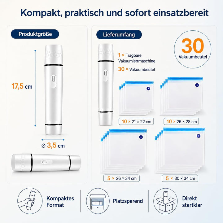 Handvakuumierer mit 30 Wiederverwendbare Vakuumbeutel | Tragbares Vakuumiergerät für Lebensmittelkon