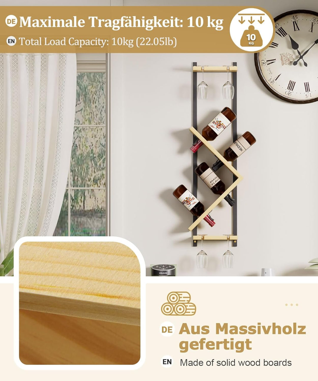 Yorbay Wand Holz Weinregal mit Glashalter: Schmales Design-Flaschenregal mit Metallrahmen für 4 Wein