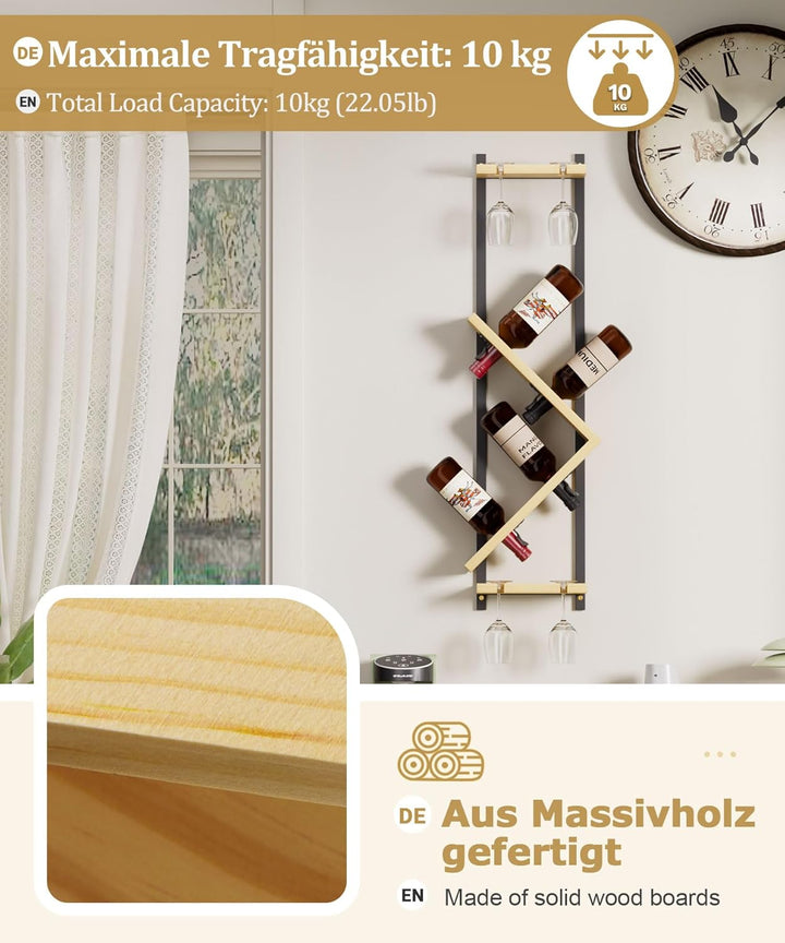 Yorbay Wand Holz Weinregal mit Glashalter: Schmales Design-Flaschenregal mit Metallrahmen für 4 Wein