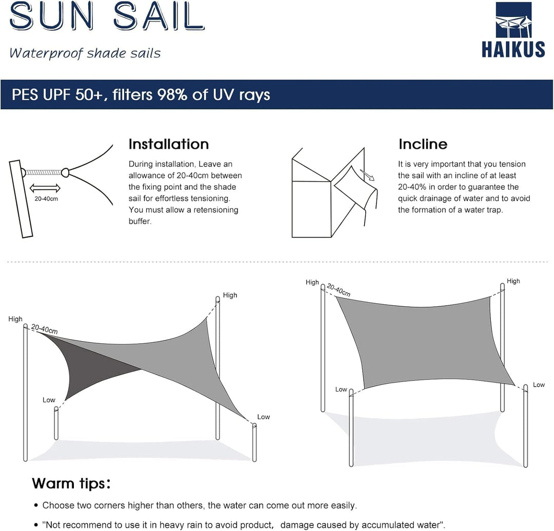 HAIKUS Sonnensegel Wasserdicht Rechteckig 4x4m Sonnenschutz Wasserabweisend Premium PES Polyester mi