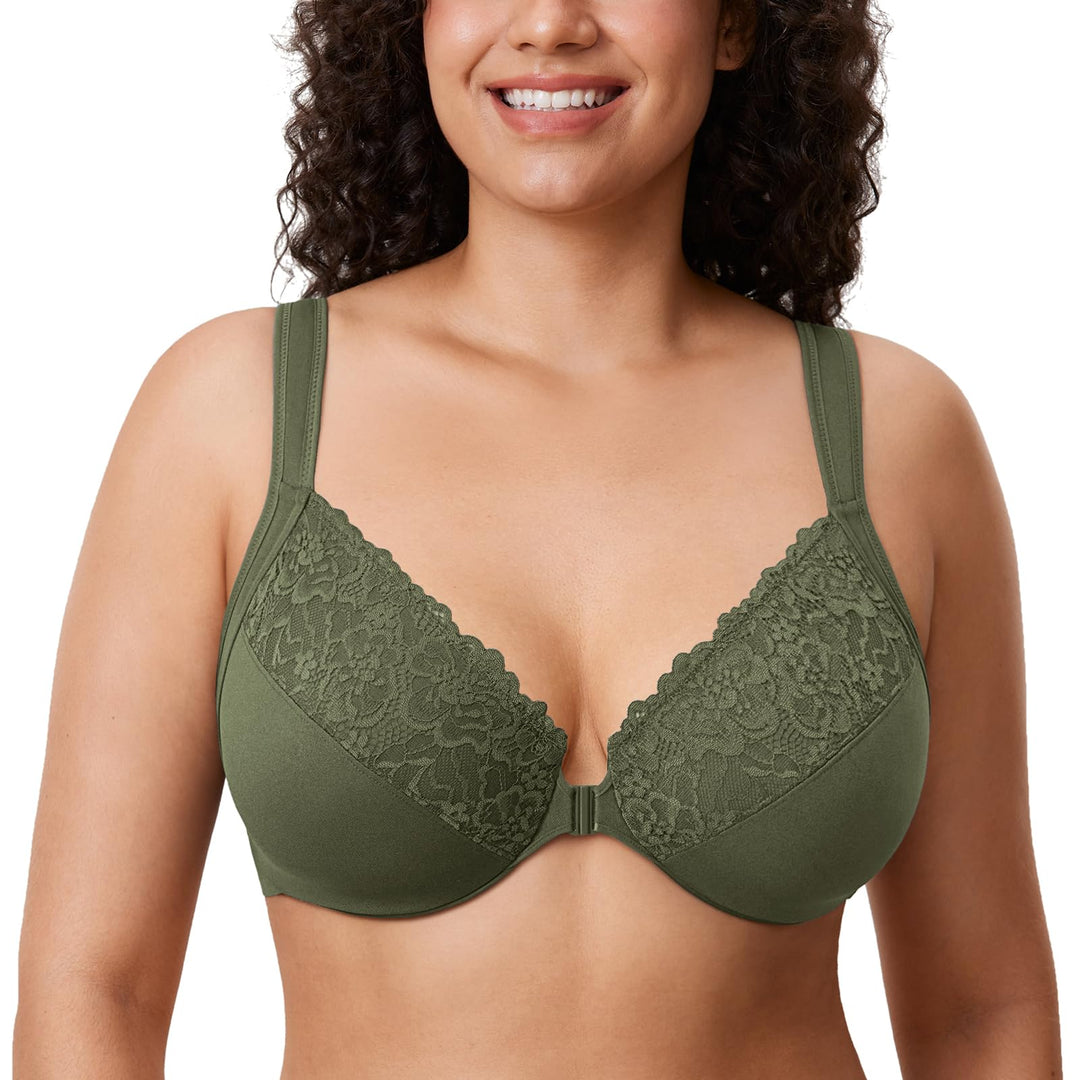 DELIMIRA Damen BH mit Vorderverschluss U-Rücken Bügel Spitzen BHS Grosse Brüste Soft Vollschalen Ung