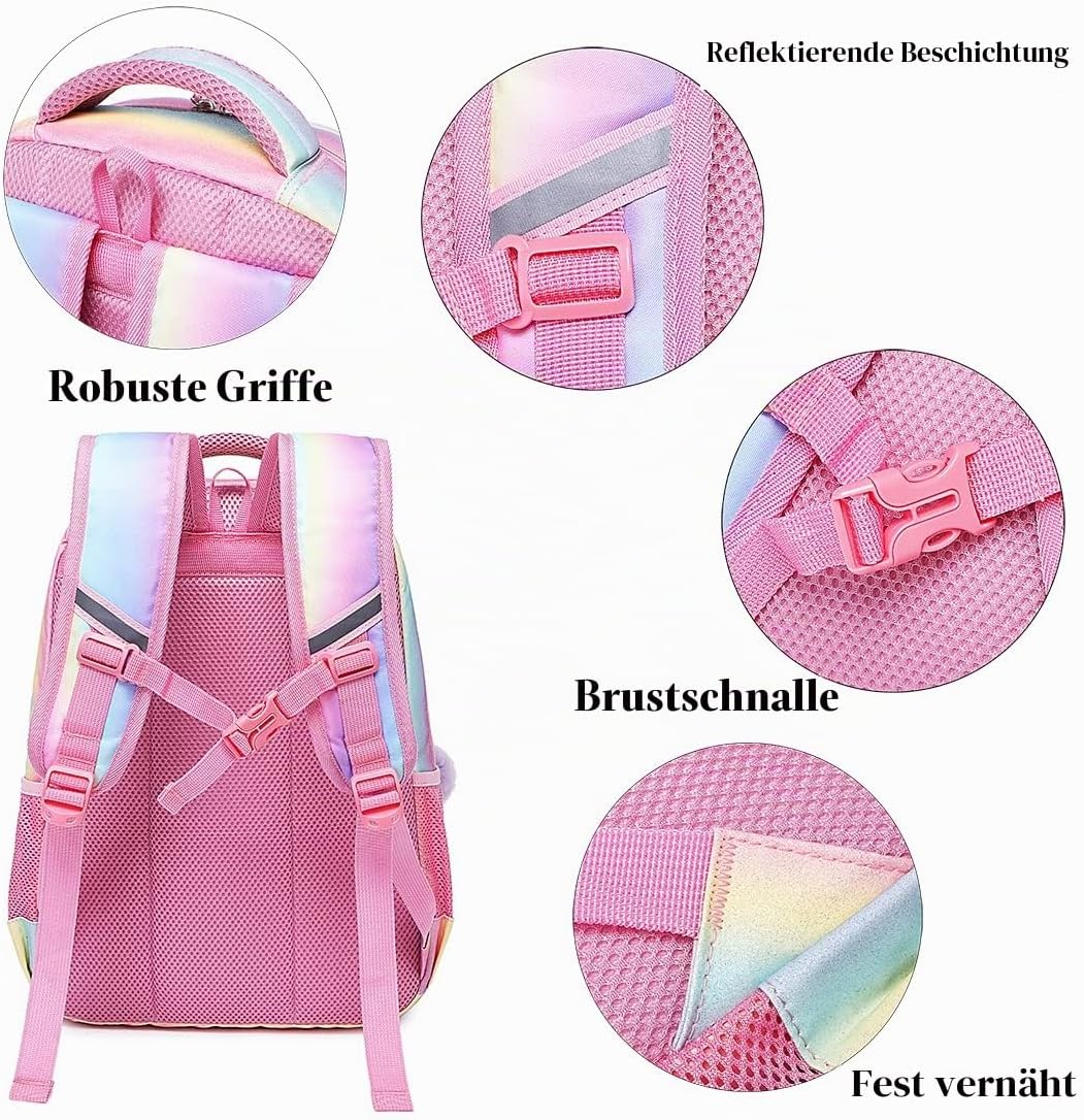 Schultaschen Mädchen Regenbogen Glitzer Rucksack Teenager Set Bunte Schulrucksack Damen Lässiger Tag