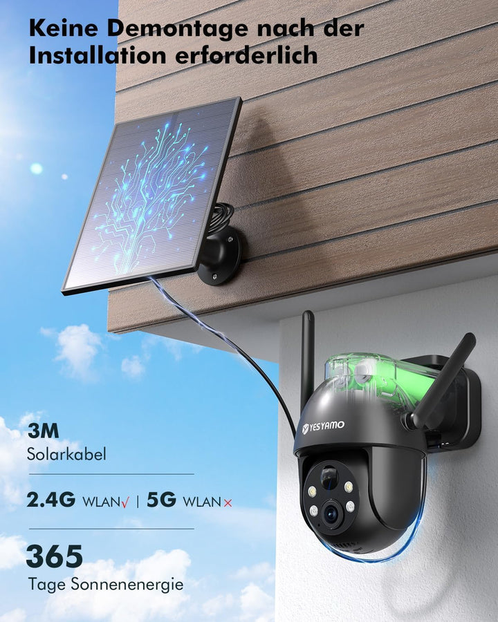 YESYAMO 2K 3MP Überwachungskamera Aussen Solar, 360° PTZ Kamera Aussen Akku | 2.4GHz Kabellos Überwa