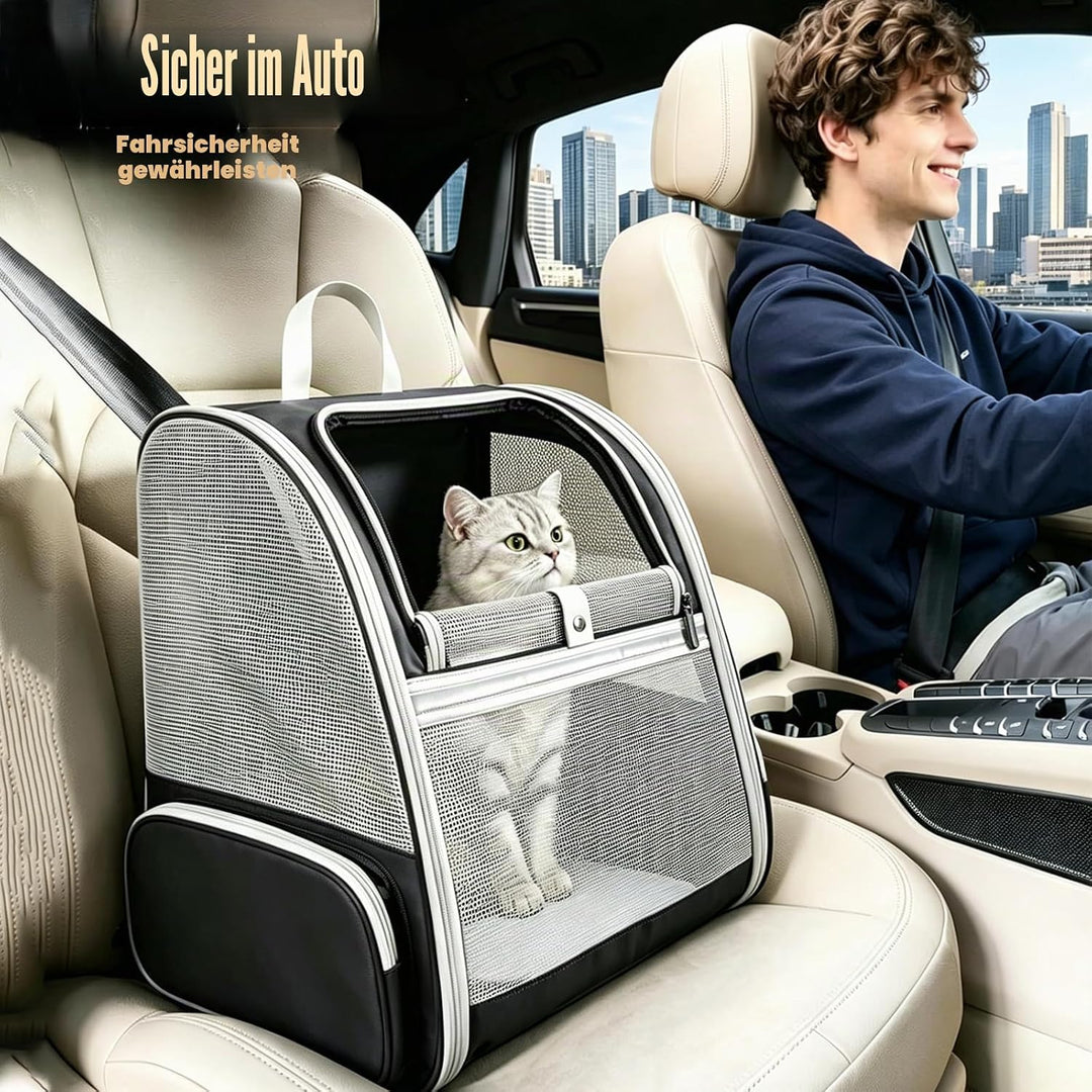 Haustier Rucksack bis 8kg mit 2 Tragbare Fressnäpfe, Faltbare Katzenrucksack Hunde Rucksack mit 3-se