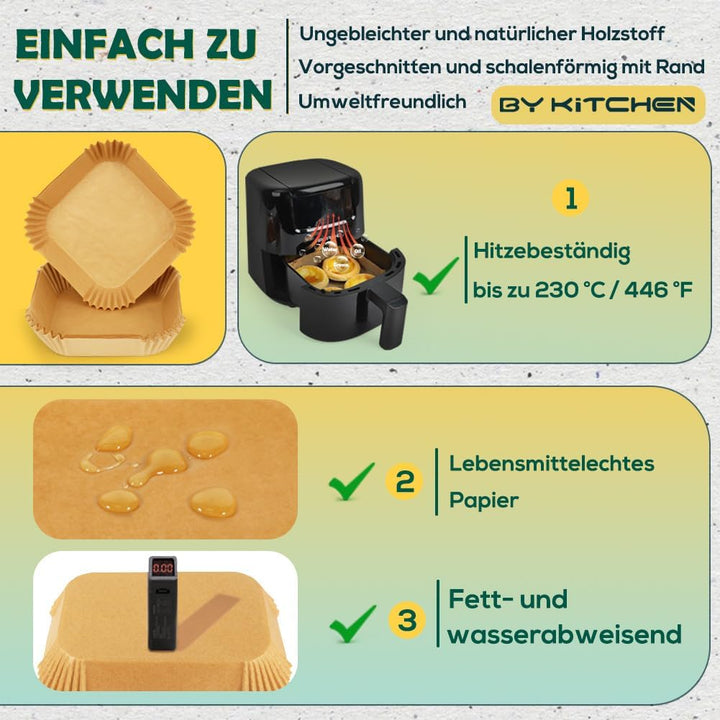 BYKITCHEN 200 Stück Airfryer Backpapier für Chefman/Midea/Cosori Mini Heissluftfritteuse 2L, Airfrye