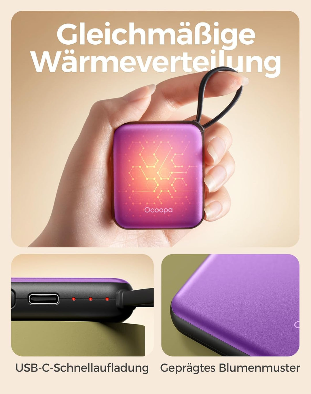 OCOOPA Handwärmer Elektrisch 2er Set, Wiederverwendbar 4000mAh USB Taschenwärmer, 3 Wärmestufen, Max