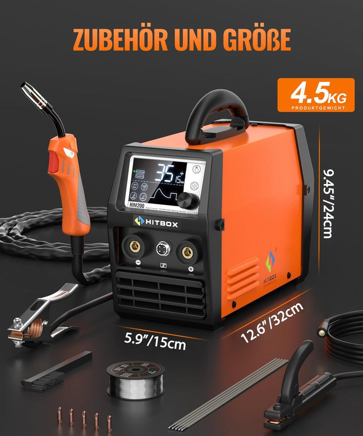 HITBOX Fülldraht Schweissgerät ohne Gas, 200A 230V Fülldraht Schweissgerät 4-in-1 Funktion Gasloses