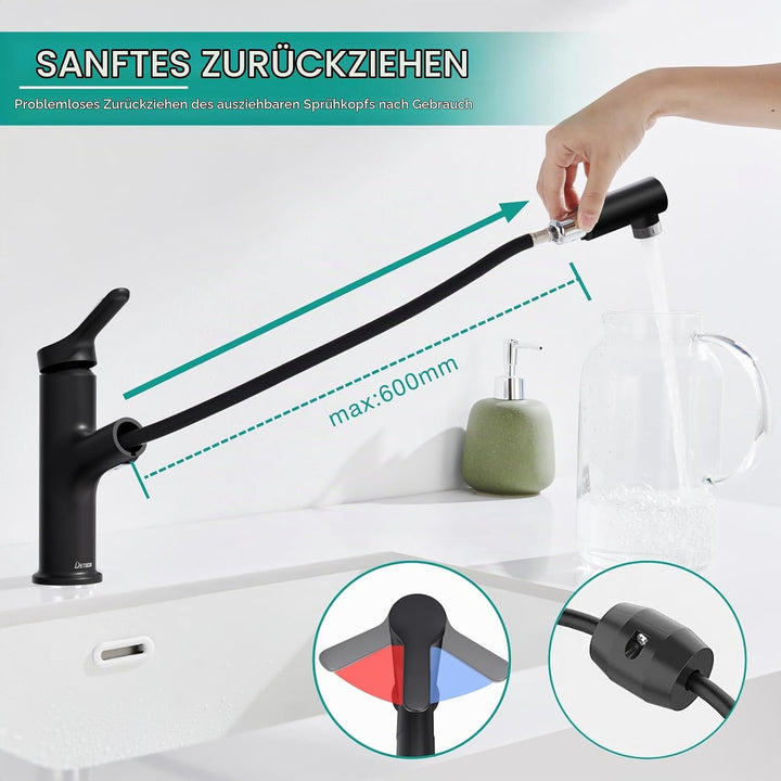 DETBOM Wasserhahn Bad mit Ausziehbar Brause, Armatur Badezimmer mit 2 Strahlarten, Einhebelmischer W
