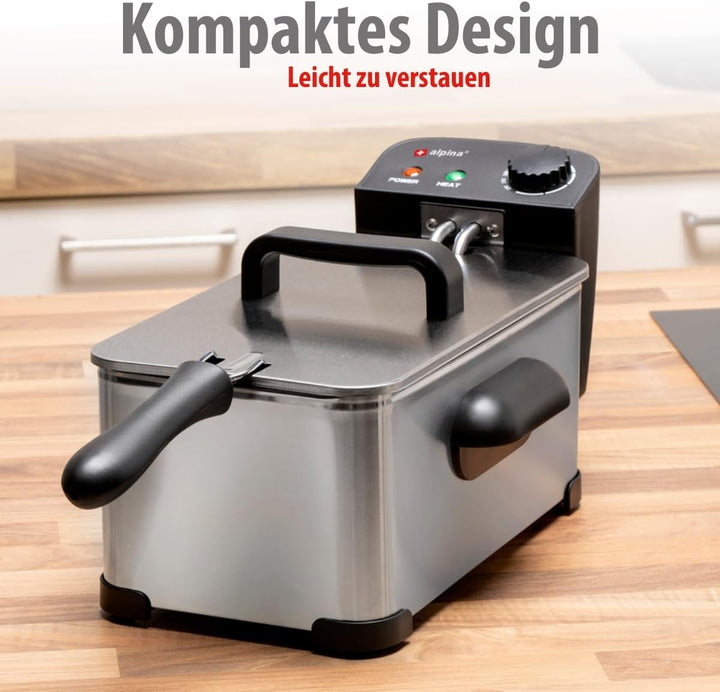 alpina Friteuse mit Fett 3L - Fritteuse mit Öl und Einstellbarem Thermostat - Fritöse mit abnehmbare