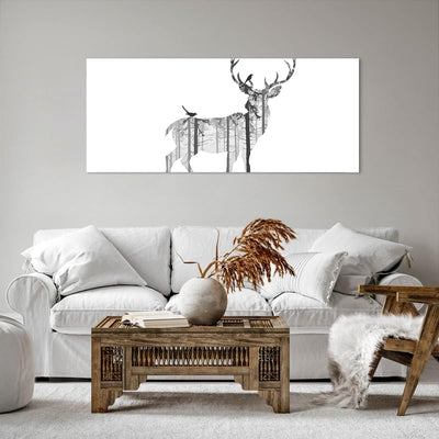 Wandbilder Dekoration Wohnzimmer Hirsch Herbst Wald Illustration Panorama Bilder auf Leinwand 120x50