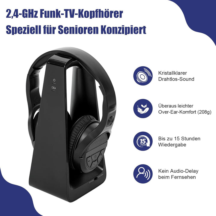 Kabellose TV-Kopfhörer für Senioren mit grossen Tasten, Ladestation, RF-Sender 2,4 GHz, Unterstützun