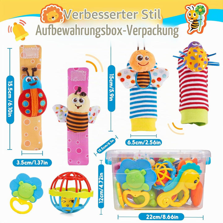 Baby Spielzeug ab 0-12 Monate, 14 Pcs Rasseln Beissring Set mit Aufbewahrungsbox Babyspielzeug ab 0-