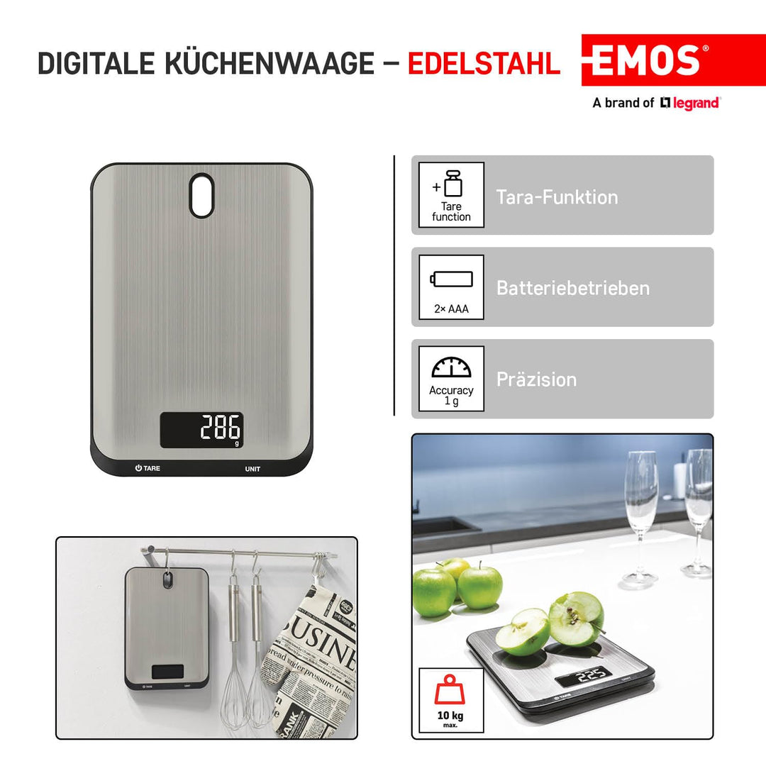 EMOS - digitale Küchenwaage mit Wandhalterung - aus Edelstahl - 10kg Maximalgewicht, Präzision bis z