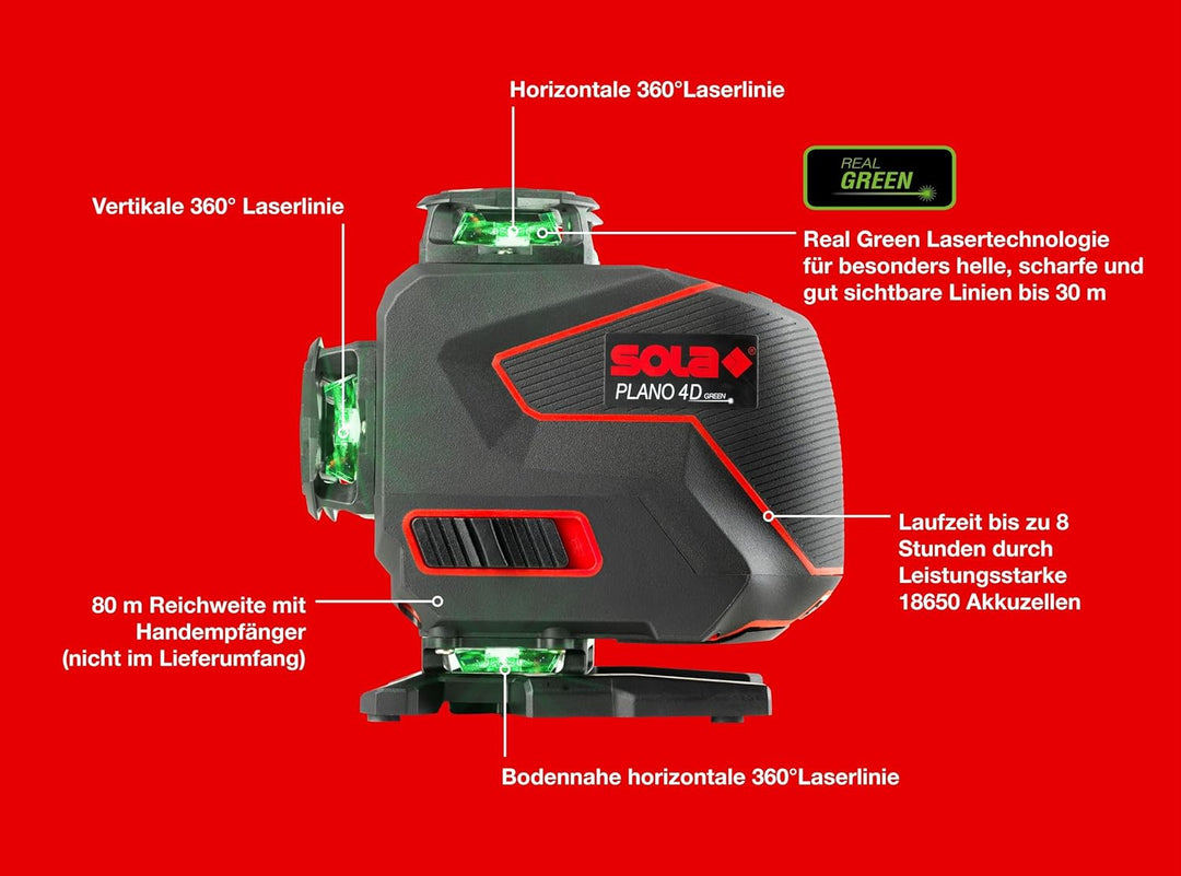 SOLA PLANO 4D GREEN Kreuzlinienlaser, 4 x 360° Linienlaser - Laser Messgerät mit Real Green Technolo