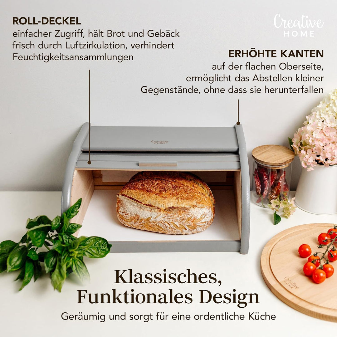 Creative Home Grau Brotkasten Holz | 38 x 28,5 x 17,5cm (+/-1cm) | Perfekte Brotbox für Brot Brötche