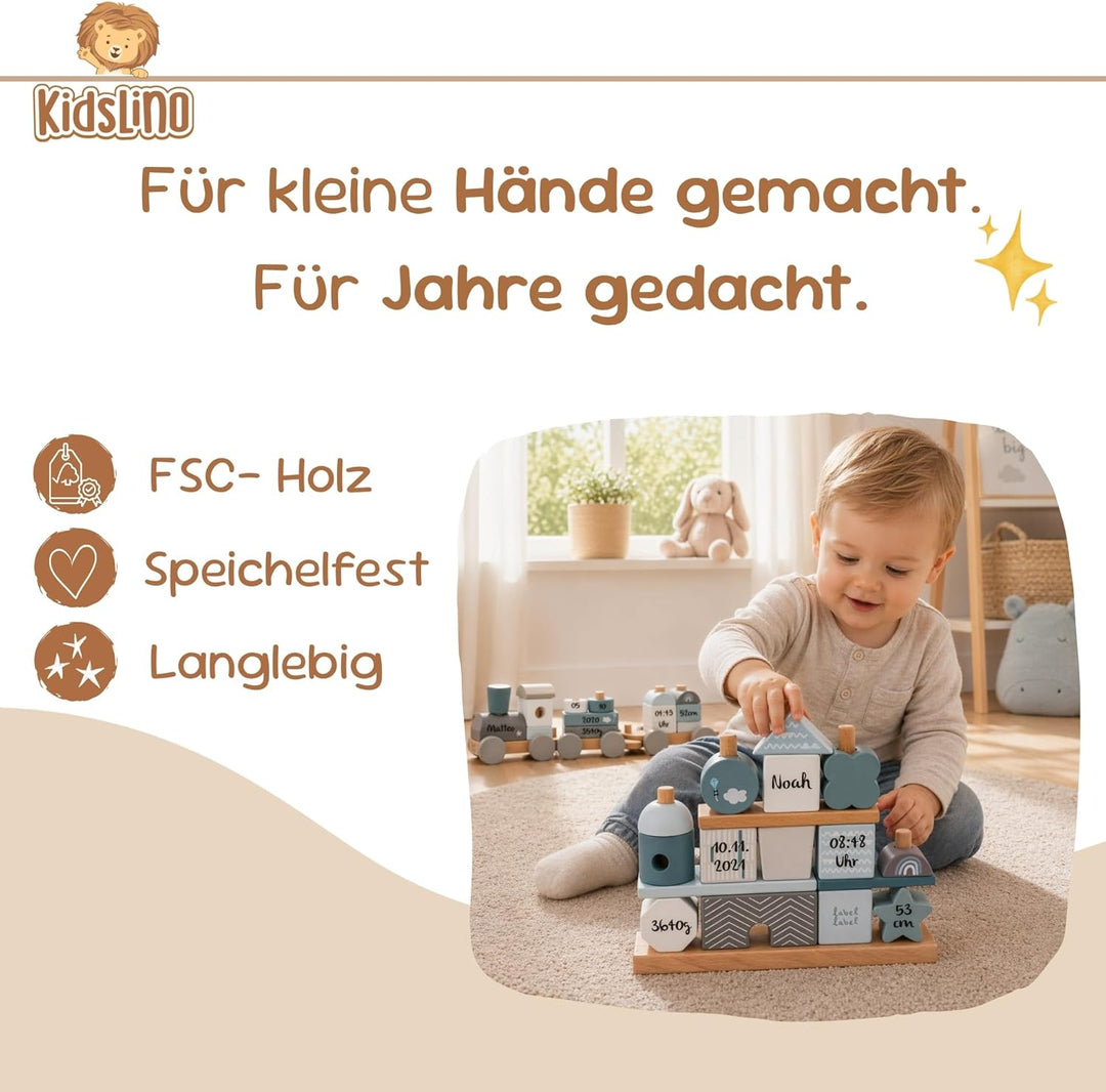Personalisiertes Holz Steckspiel Haus Blau – Baby Geschenk zur Geburt Junge – mit Name & Geburtsdate