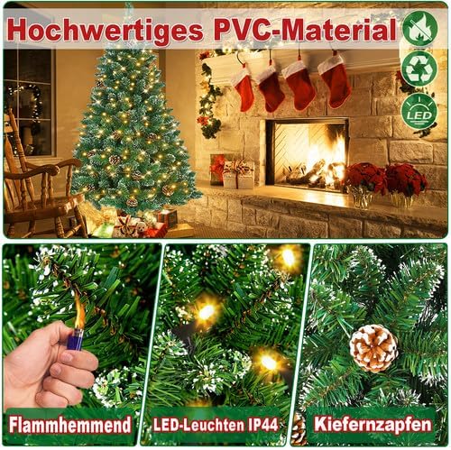 YRHome 120cm Künstlicher Weihnachtsbaum mit Beleuchtung Grün PVC mit Schnee-Effekt & Kiefernzapfen L