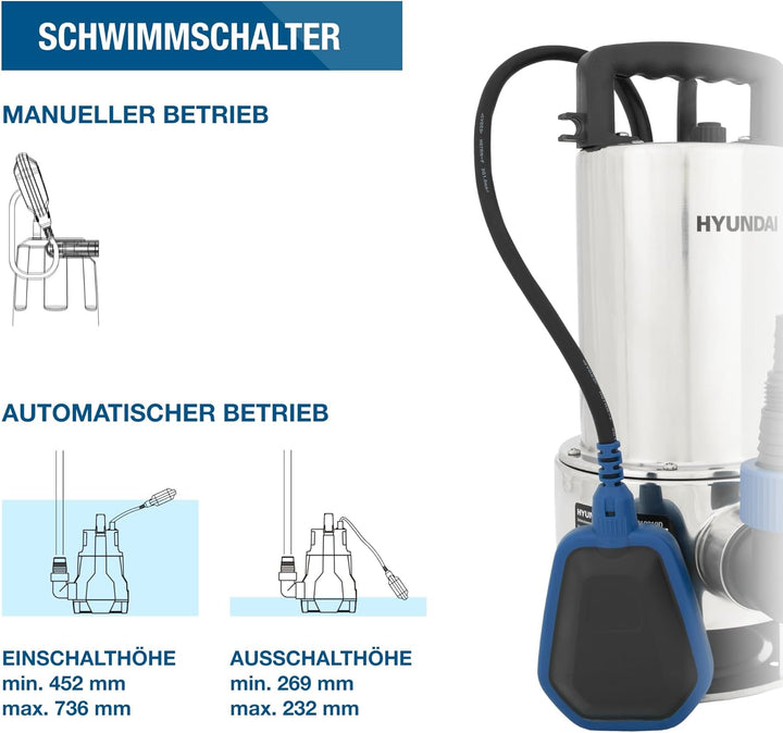 HYUNDAI Schmutzwasser-Tauchpumpe TP10019D | 1000 W, Fördermenge 19.500 l/h, | Eintauchtiefe: max. 7