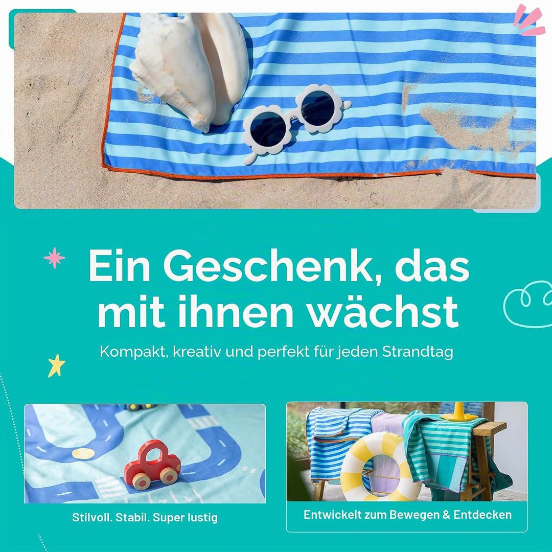 Quut – Strand-/Poolhandtuch für Kinder mit Spiel – Ultraschnell trocknende Mikrofaser, sandfrei – ko