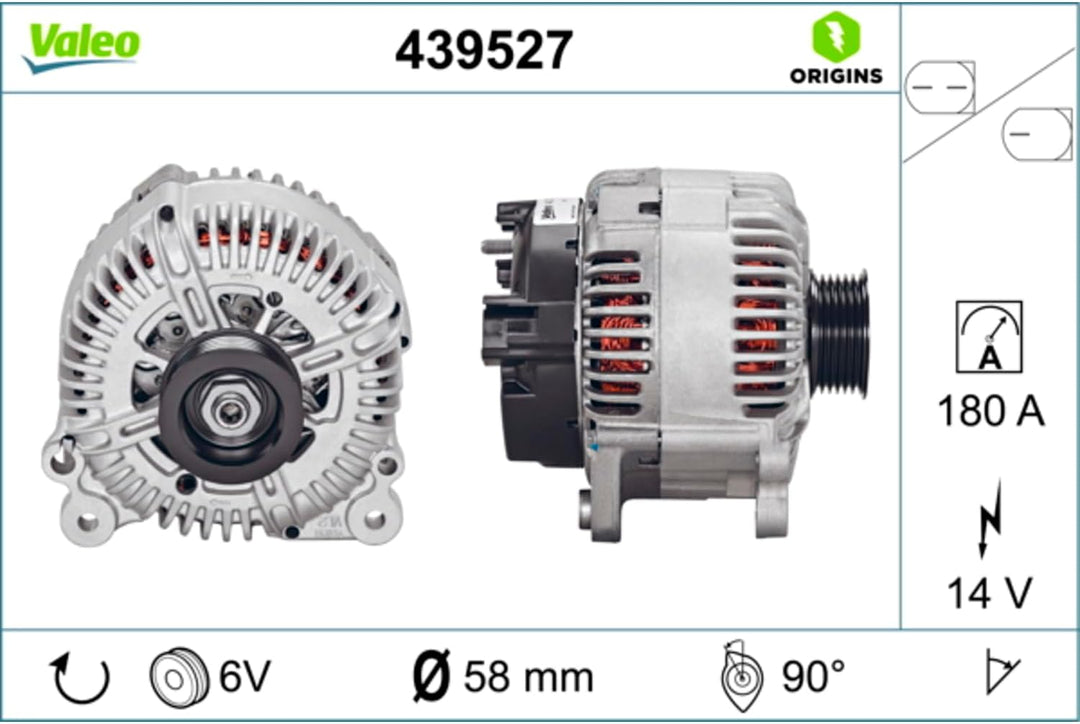 VALEO 439527 Generator Ladestrom des Generators: 180 Amp Rippen: 6 rippen Riemenscheibe Ø: 58 mm Spa