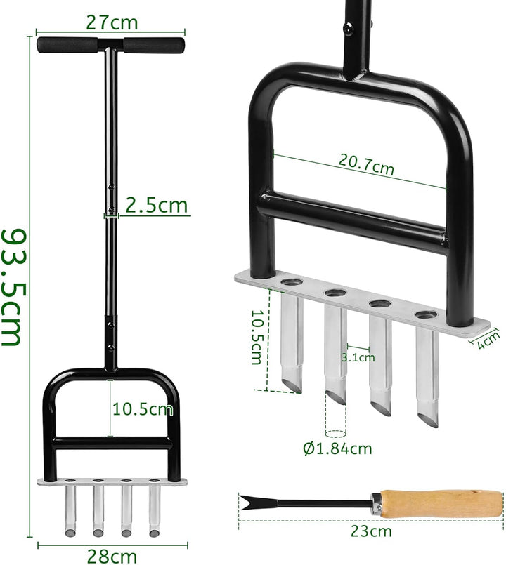 lalago Rasenlüfter Manuell 4 Kerne, Handvertikutierer 93CM, Rasen Belüften Hohlzinken Aerifiziergabe