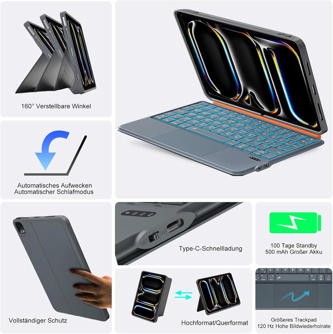 Tastatur Hülle für iPad Pro 11 Zoll (M5/M4 2025/2024), Magnetisch Abnehmbares Keyboard, Grosses Trac