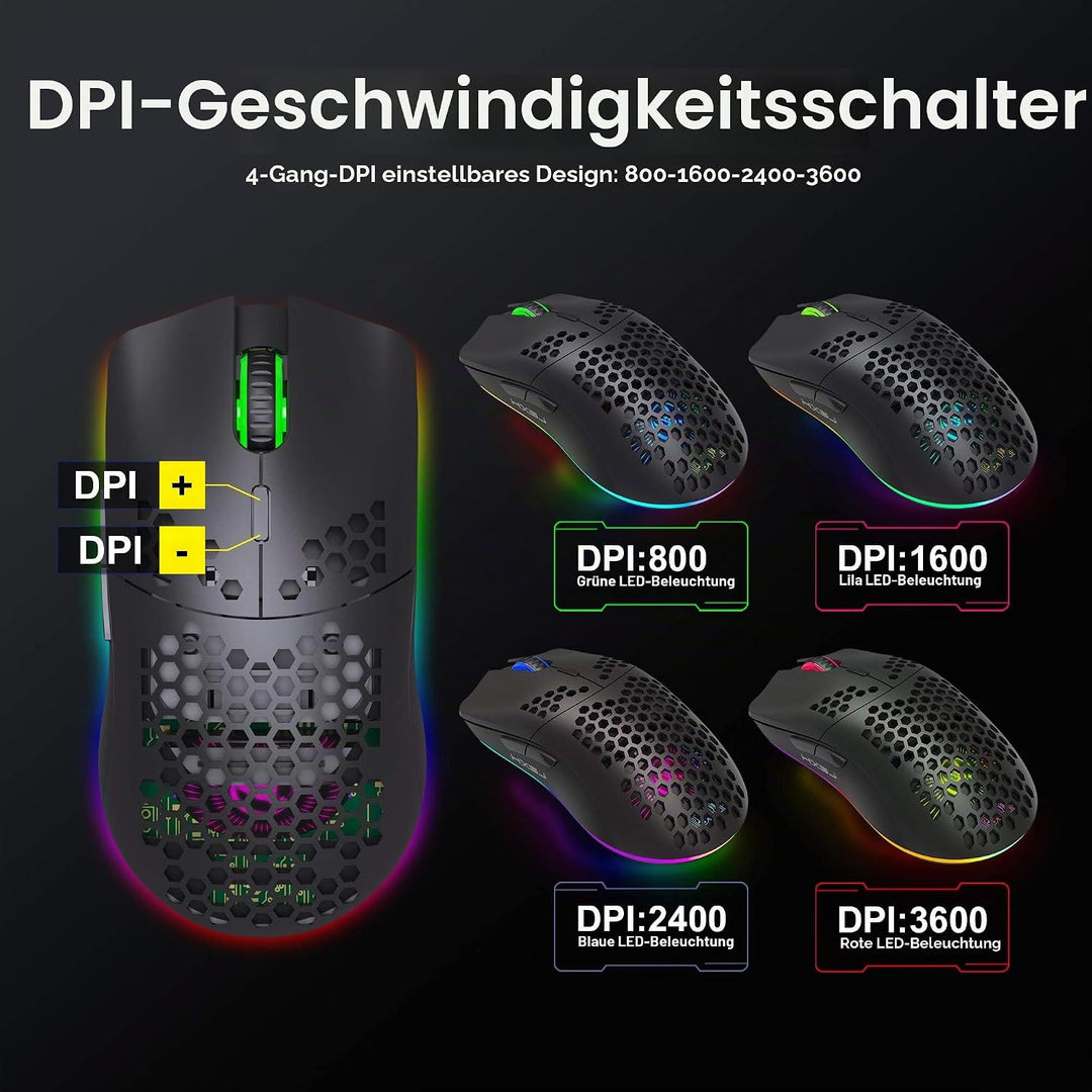 Drahtlose Gaming Maus, 2,4G Superleichte Wabenschale Ergonomische RGB-Mäuse mit 750mAh Akku, Energie