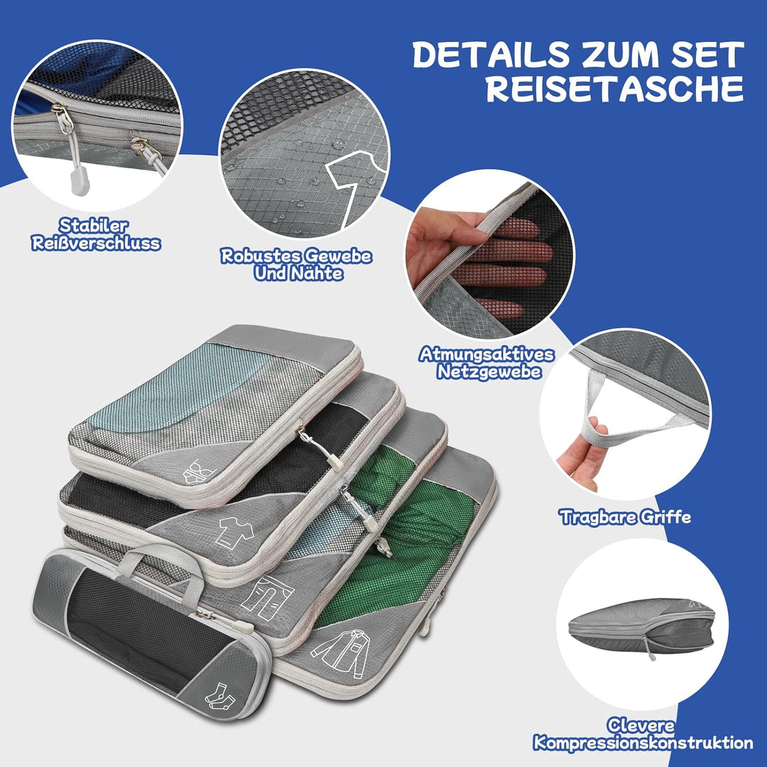 5-teilig Kompressions Packwürfel Set für Reisen, Compression Packing Cube zur Organisation Ihres Rei