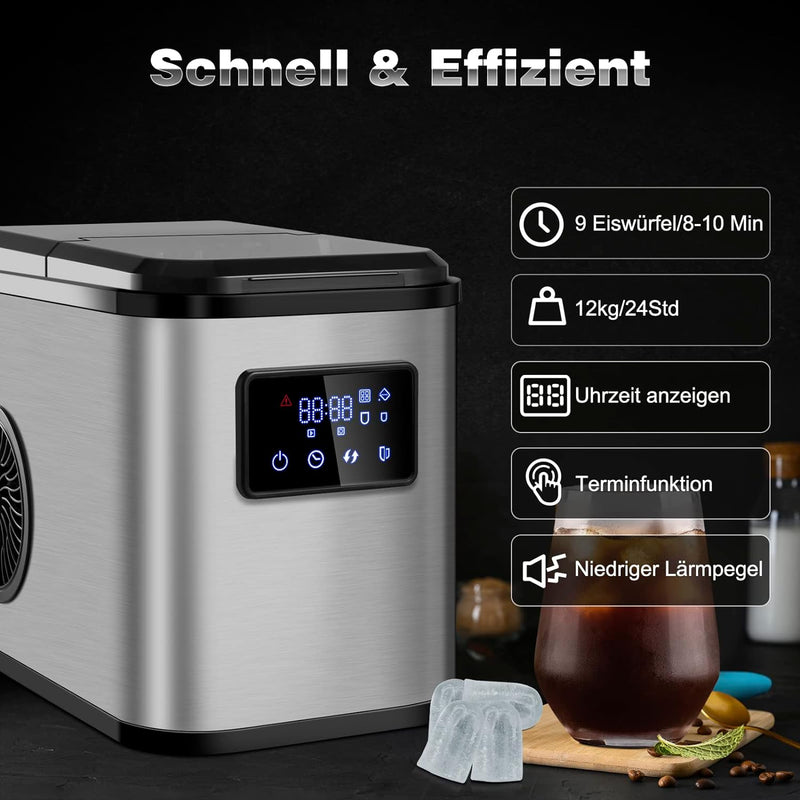 WOLTU Eiswürfelmaschine Eiswürfelbereiter, 9 Eiswürfel/9,5 Min., 12-15 kg/24 Stunden, 2 Eiswürfelgrö