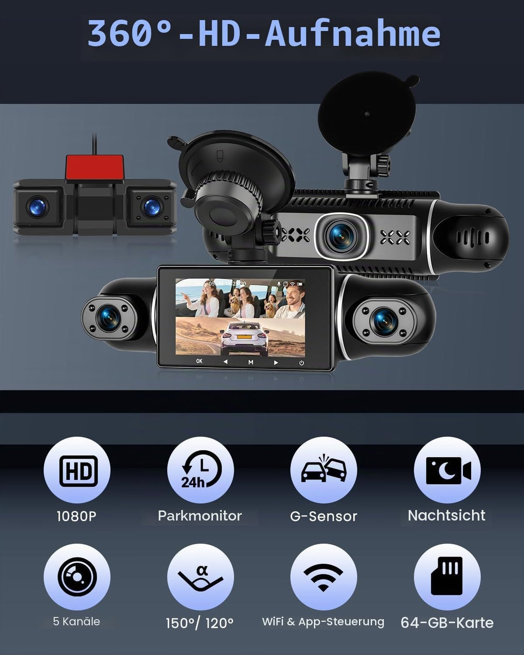 Hikity 5-Kanal-Dashcam, 360° Dashcam 1080P*4 Vorne und Hinten Innen Links Rechts, Autokamera mit 64G
