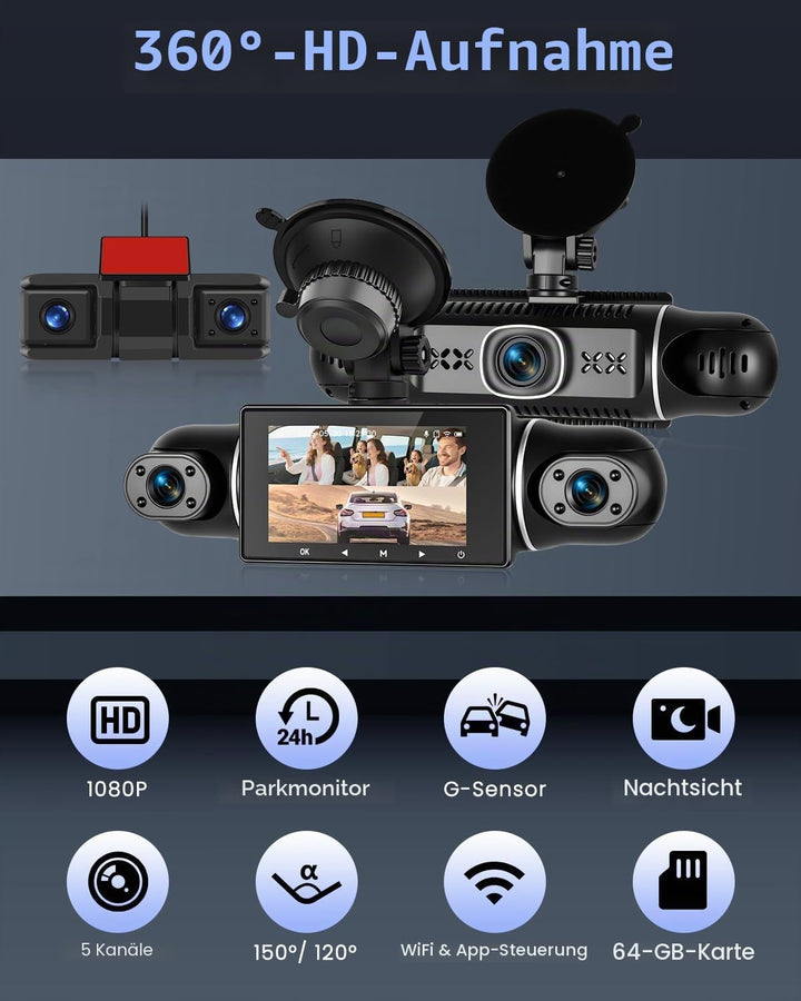 Hikity 5-Kanal-Dashcam, 360° Dashcam 1080P*4 Vorne und Hinten Innen Links Rechts, Autokamera mit 64G