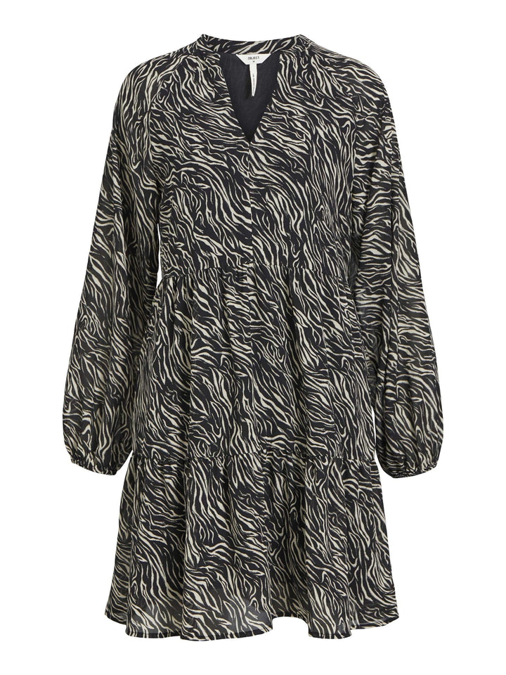 Object Mila Gia Long Sleeve Smock Dress 34 Black/Aop:sandshell Zebra, 34 Black/Aop:sandshell Zebra