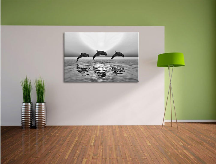 Pixxprint Delfine im Sonnenuntergang als Leinwandbild/Grösse: 100x70 cm/Wandbild/Kunstdruck/fertig b